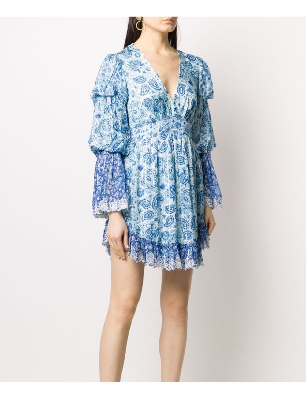 NWT HEMANT & NANDITA Blue Paisley V-Neck Tiered Mini Dress: size medium video